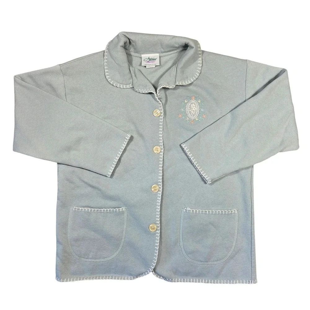 Vtg Artisans Women Medium Blue Embroidered Button Up Cottagecore Prairie Grandma